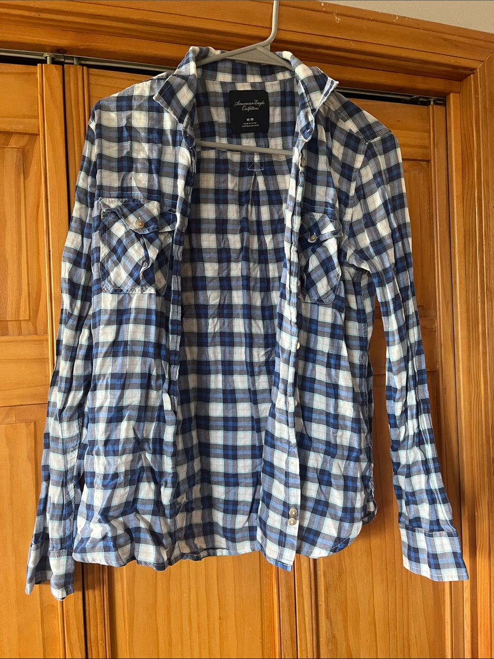 American Eagle Outfitters Blue and White Plaid Casual Button-Down Shirt